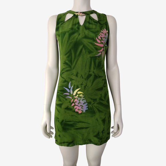 Vintage 1990s Green Tropical Print Sheath Mini Dress with Cutouts Size XS - Picture 1 of 12